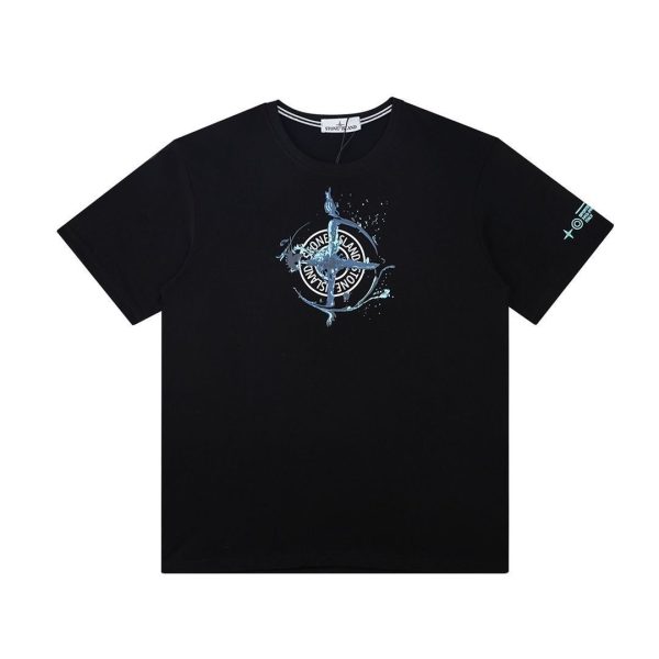 Stone Island STONE splashed ink compass cotton short-sleeved T-shirt men and women couples summer color matching printed casual tops - Image 9