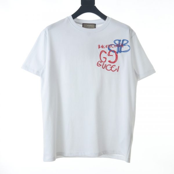Gucci & Balenciaga joint blue and red embroidered letters short-sleeved T-shirt