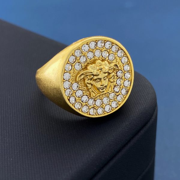 Versace White All-Diamond Medusa Human-Face Paper-Patterned Round Disc Matte Open Ring - Image 7