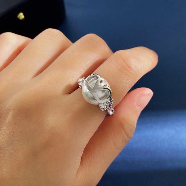 Valentino resin pearl curved chevron logo set with coloured rhinestones off-archer open-cut ring - Image 4