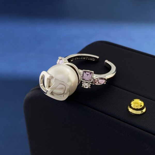 Valentino resin pearl curved chevron logo set with coloured rhinestones off-archer open-cut ring - Image 5
