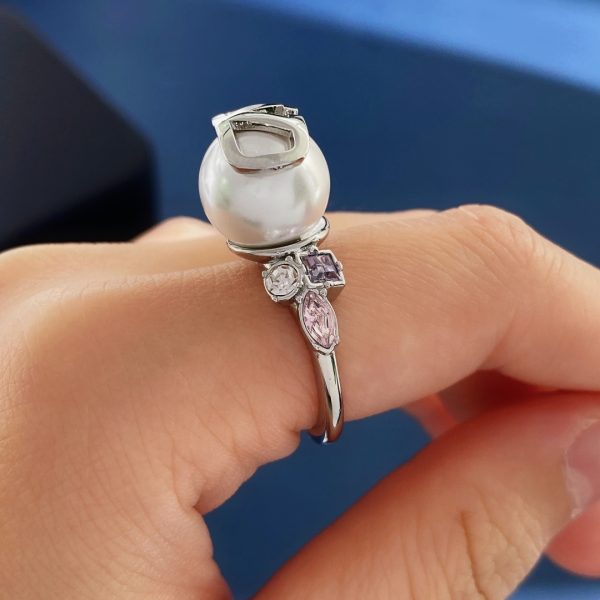 Valentino resin pearl curved chevron logo set with coloured rhinestones off-archer open-cut ring - Image 6